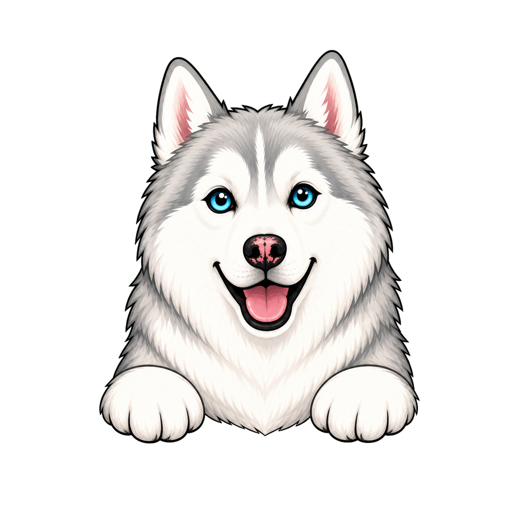Momo, a silver-and-white Siberian husky with blue eyes