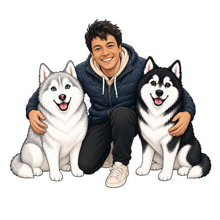 Oisin Coveney with his Siberian huskies — silver-and-white Momo on the left, black-and-white Kaya on the right